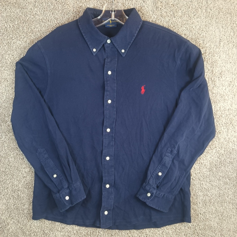 Polo Ralph Lauren Mens Navy Blue Featherweight Mesh Button Down Shirt Large L